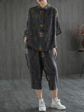 Artistic Retro Cartoon Printed Denim Two Pieces Suits